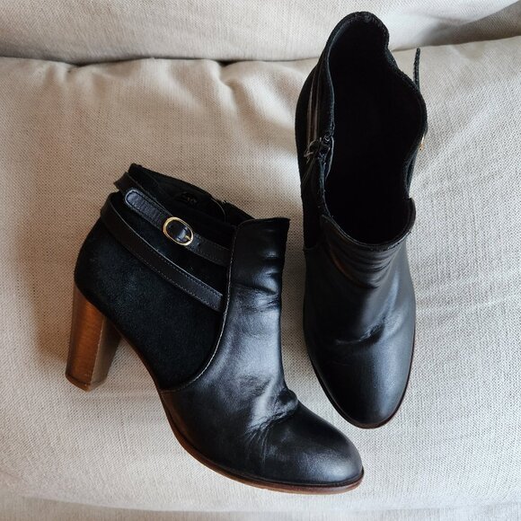 Sz10 🇫🇷 Sezane-inspired Black Leather & Suede Heeled Ankle Boots - Picture 2 of 10